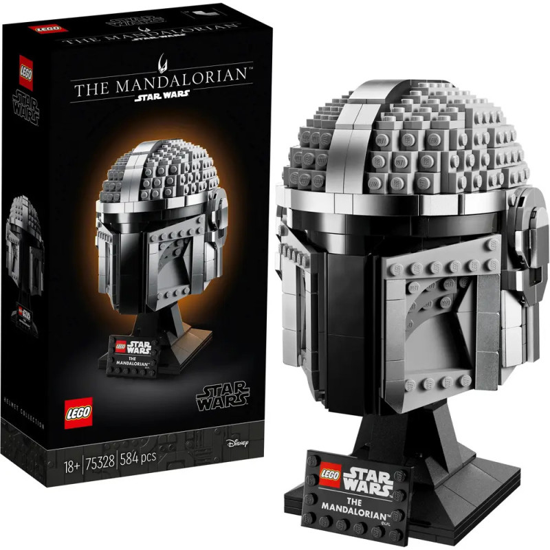 LEGO Star Wars Mandalorian Helm-Set mit Box, Präsentationsständer und 584 Teilen abgebildet.