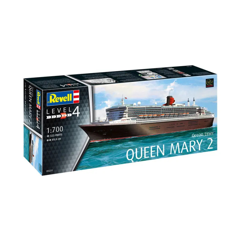 Revell Level 4 Modellbausatz Queen Mary 2, Verpackung mit Bild des Kreuzfahrtschiffs auf See.