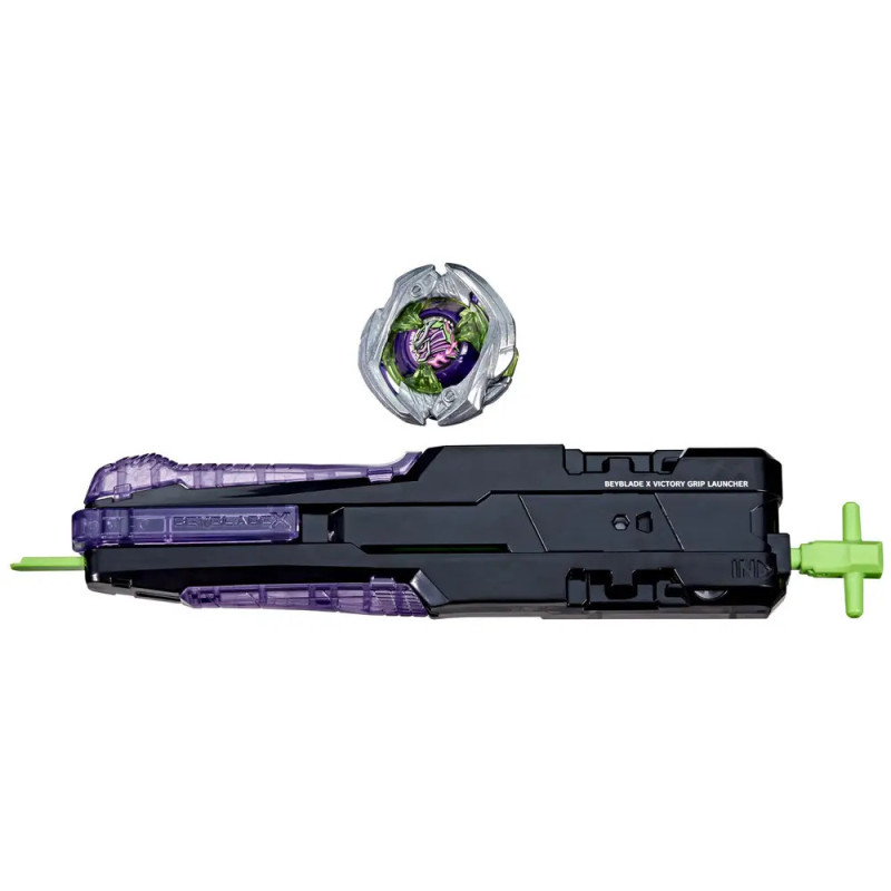 Lila-schwarzer Beyblade-Launcher mit grünem Reißband und grau-grünem Kreisel.