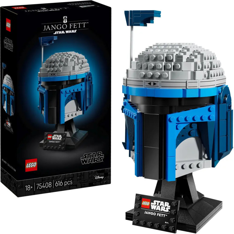 LEGO Star Wars Jango Fett Helm mit Box, Präsentationsständer und Namensschild, Set 75308.