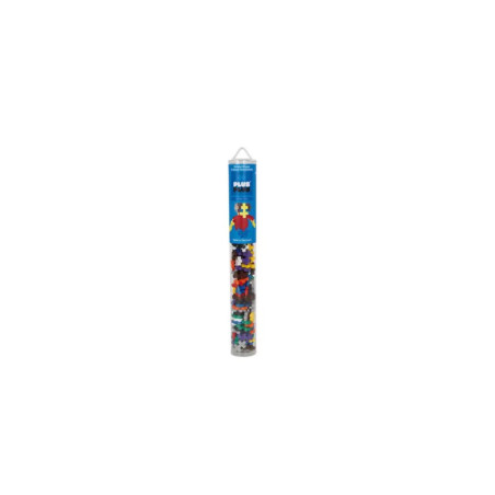 Röhre mit Plus-Plus Bausteinen, bunte Teile sichtbar, blauer Aufkleber oben.