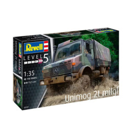 Revell-Modellbausatz Unimog 2t milgl, Maßstab 1:35, 190 Teile, zeigt Militär-Lkw im schlammigen Gelände.