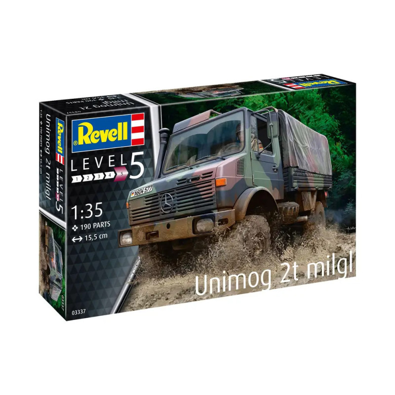 Revell-Modellbausatz Unimog 2t milgl, Maßstab 1:35, 190 Teile, zeigt Militär-Lkw im schlammigen Gelände.
