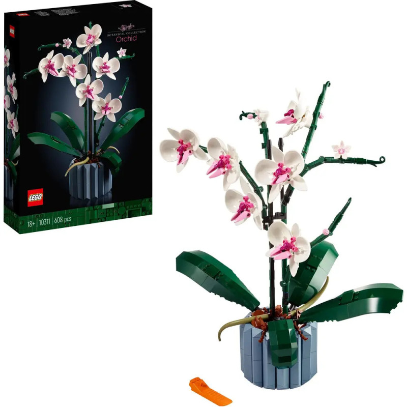 LEGO Orchideen-Set mit gebautem Modell, Verpackung und orangefarbenem Steintrenner abgebildet. LEGO Orchideen-Set mit gebautem Modell, Verpackung und orangefarbenem Steintrenner abgebildet.