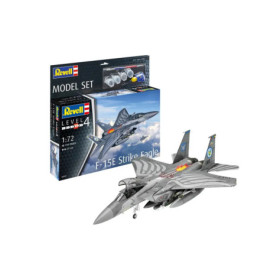 Revell F-15E Strike Eagle Modellbausatz 1:72 mit Box, Farben, Pinseln und gebautem Flugzeugmodell.