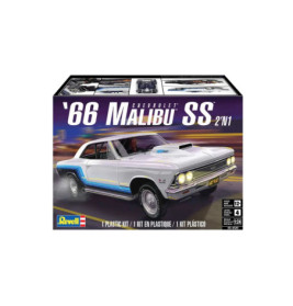 Revell-Modellbausatz mit Abbildung eines weißen Chevrolet Malibu SS von 1966 auf der Vorderseite der Verpackung.
