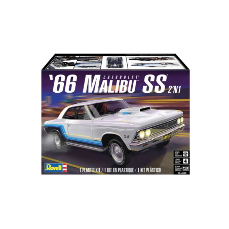 Revell-Modellbausatz mit Abbildung eines weißen Chevrolet Malibu SS von 1966 auf der Vorderseite der Verpackung. Revell-Modellbausatz mit Abbildung eines weißen Chevrolet Malibu SS von 1966 auf der Vorderseite der Verpackung.