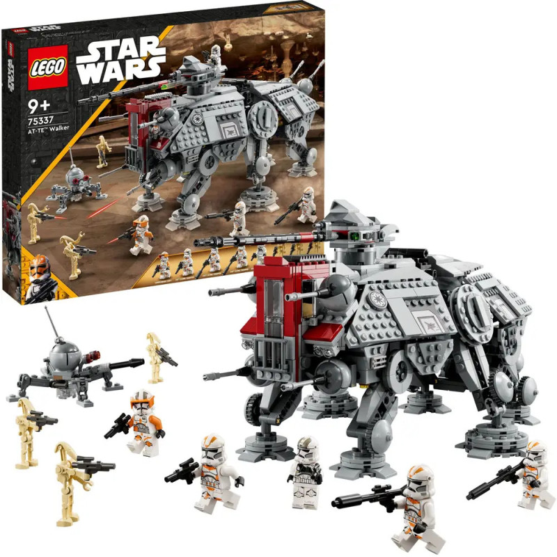 LEGO Star Wars AT-TE Walker Set mit Minifiguren, Droiden und Modell vor der Verpackung ausgestellt.