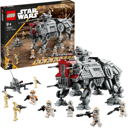 LEGO Star Wars AT-TE Walker Set mit Minifiguren, Droiden und Modell vor der Verpackung ausgestellt.
