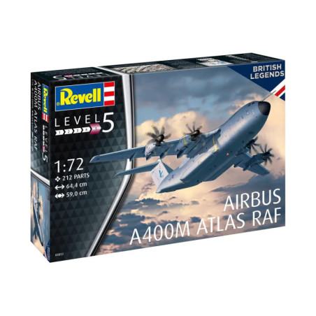 Revell Modellbausatz Airbus A400M Atlas RAF, Level 5, 1:72, 212 Teile, mit Abbildung des Flugzeugs auf der Box. Revell Modellbausatz Airbus A400M Atlas RAF, Level 5, 1:72, 212 Teile, mit Abbildung des Flugzeugs auf der Box.