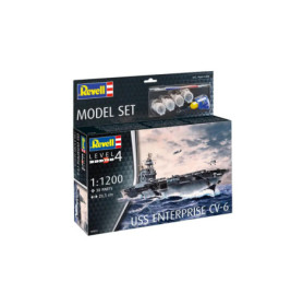 Revell USS Enterprise CV-6 Modellset mit Schiffsabbildung auf stürmischer See, inklusive Farben und Klebstoff.