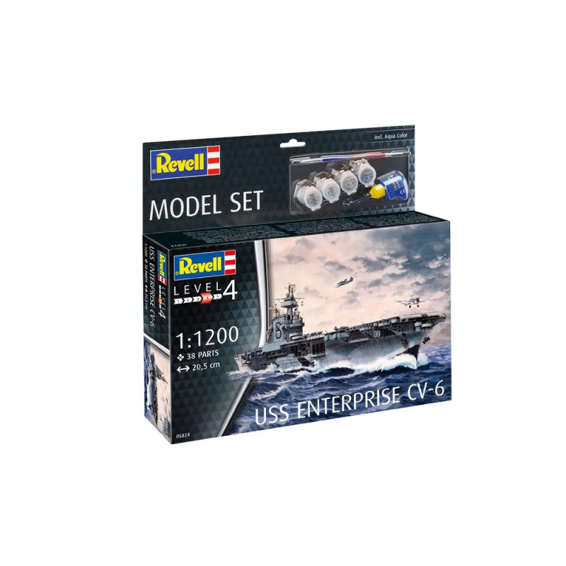 Revell USS Enterprise CV-6 Modellset mit Schiffsabbildung auf stürmischer See, inklusive Farben und Klebstoff. Revell USS Enterprise CV-6 Modellset mit Schiffsabbildung auf stürmischer See, inklusive Farben und Klebstoff.