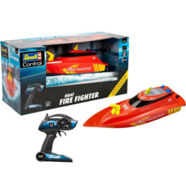 Das rote Revell Fire Fighter RC-Boot mit Fernsteuerung und Verpackung ist abgebildet.