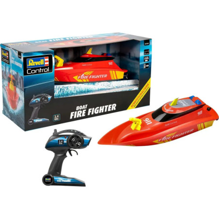 Das rote Revell Fire Fighter RC-Boot mit Fernsteuerung und Verpackung ist abgebildet. Das rote Revell Fire Fighter RC-Boot mit Fernsteuerung und Verpackung ist abgebildet.