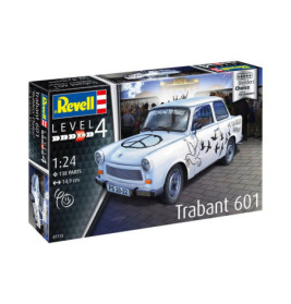 Revell Bausatz: Weißer Trabant 601 mit Peace-Zeichen und Graffiti, Schwierigkeitsgrad 4, Maßstab 1:24.