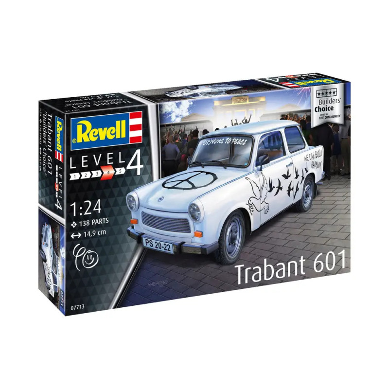 Revell Bausatz: Weißer Trabant 601 mit Peace-Zeichen und Graffiti, Schwierigkeitsgrad 4, Maßstab 1:24.