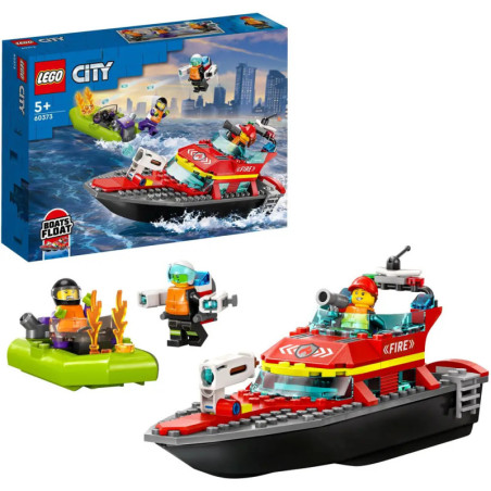 LEGO City Feuerwehr-Bootset mit Minifiguren, Zubehör und Verpackung im Hintergrund. LEGO City Feuerwehr-Bootset mit Minifiguren, Zubehör und Verpackung im Hintergrund.