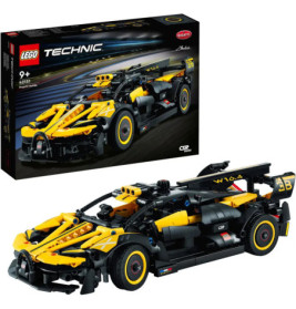 LEGO Technic Bugatti Bolide Set mit gelb-schwarzem Rennwagen und Verpackung im Hintergrund.