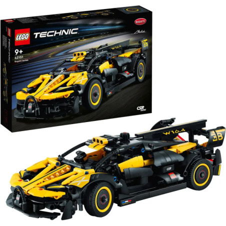 LEGO Technic Bugatti Bolide Set mit gelb-schwarzem Rennwagen und Verpackung im Hintergrund. LEGO Technic Bugatti Bolide Set mit gelb-schwarzem Rennwagen und Verpackung im Hintergrund.