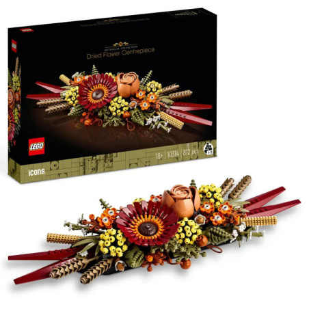 LEGO Set mit getrockneten Blumen als Tafelaufsatz: Zusammengebautes, detailreiches Blumengesteck neben der Verpackung. LEGO Set mit getrockneten Blumen als Tafelaufsatz: Zusammengebautes, detailreiches Blumengesteck neben der Verpackung.