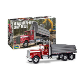 Kenworth W-900 Muldenkipper-Modell mit Verpackung, zeigt den aufgebauten roten und grauen Lastwagen.