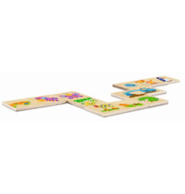 Holzdomino-Steine mit bunten Tier- und Naturmotiven liegen in Zickzackform angeordnet.