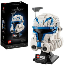 LEGO Star Wars Set: Captain Rex Helm mit Box, detailliertes blau-weißes Helmmodell als Ausstellungsstück.
