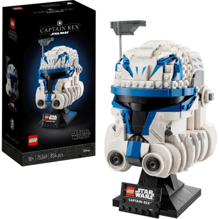 LEGO Star Wars Set: Captain Rex Helm mit Box, detailliertes blau-weißes Helmmodell als Ausstellungsstück.