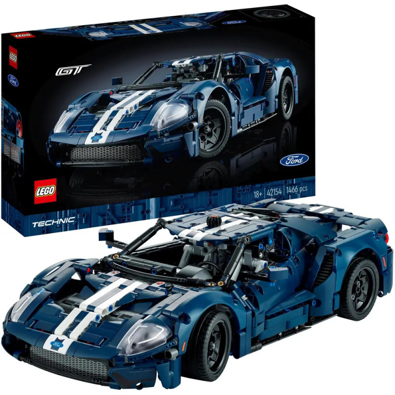 LEGO Technic Ford GT in Dunkelblau mit weißen Streifen steht vor seiner Verpackung.