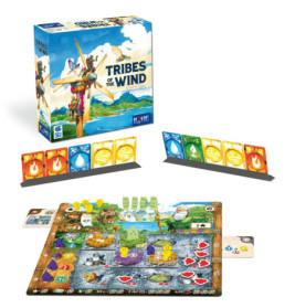 Tribes of the Wind: Spielaufbau mit Spielbrett, Karten, Spielfiguren und Schachtel auf dem Tisch.