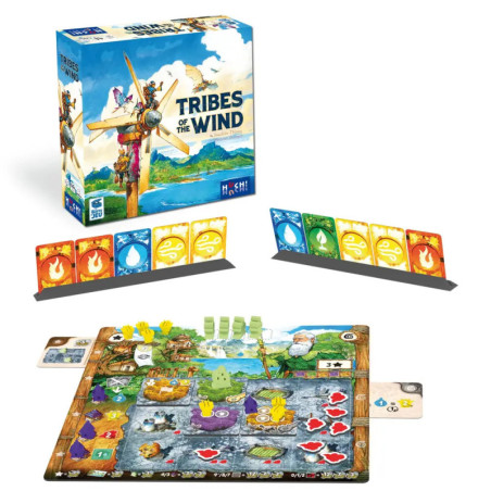 Tribes of the Wind: Spielaufbau mit Spielbrett, Karten, Spielfiguren und Schachtel auf dem Tisch. Tribes of the Wind: Spielaufbau mit Spielbrett, Karten, Spielfiguren und Schachtel auf dem Tisch.