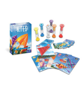 Kites-Spieleschachtel, bunte Karten mit Drachenmotiv und sechs verschiedenfarbige Sanduhren sind zu sehen.