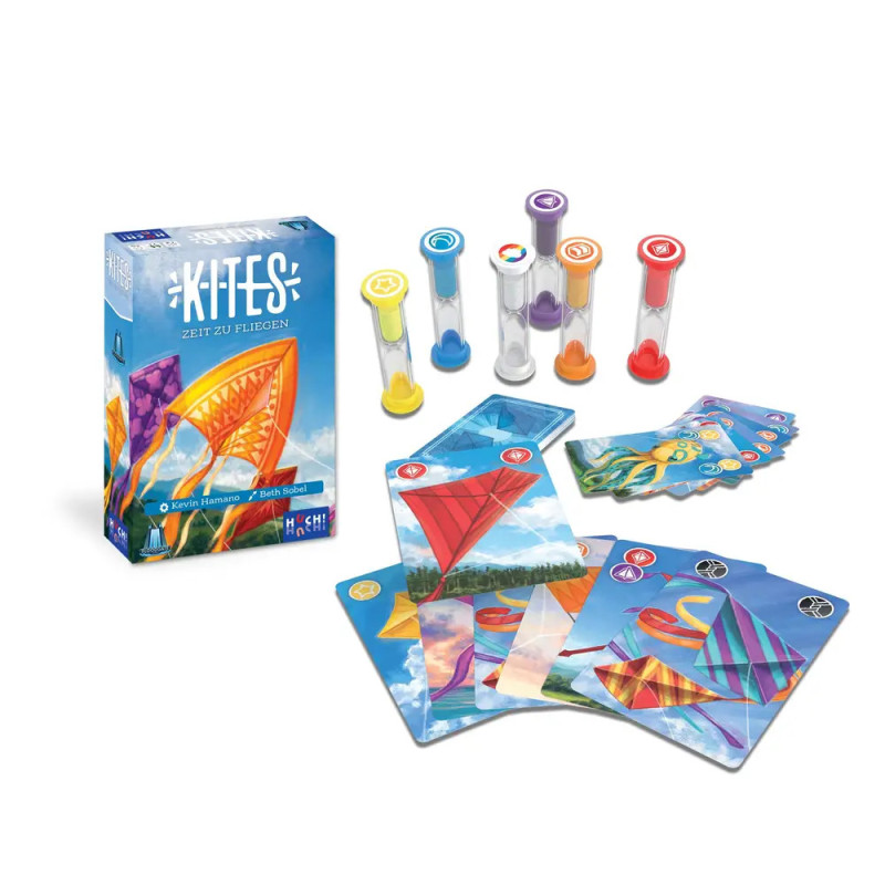 Kites-Spieleschachtel, bunte Karten mit Drachenmotiv und sechs verschiedenfarbige Sanduhren sind zu sehen.