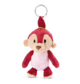 Plüsch-Affe als Schlüsselanhänger mit rot-weißem Fell, steht aufrecht, silberner Schlüsselring am Kopf befestigt.