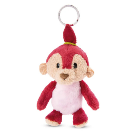Plüsch-Affe als Schlüsselanhänger mit rot-weißem Fell, steht aufrecht, silberner Schlüsselring am Kopf befestigt.