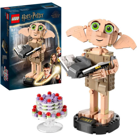 LEGO Harry Potter: Dobby-Figur mit Kuchen und Box, die das Set sowie Charaktere der Serie zeigt. LEGO Harry Potter: Dobby-Figur mit Kuchen und Box, die das Set sowie Charaktere der Serie zeigt.