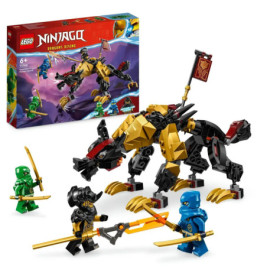 LEGO Ninjago Set mit drei Ninjas und einem schwarz-goldenen Drachen, Verpackung im Hintergrund.