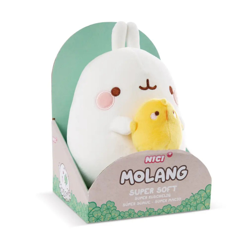Ein Molang-Plüschhase hält ein gelbes Küken und ist in einer mit Super Soft beschrifteten Verpackung ausgestellt.