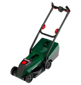 Grüner und schwarzer Elektromäher mit Grasfangbox und klappbarem Griff.