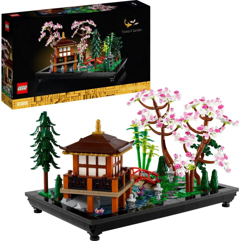 LEGO Tranquil Garden Set mit japanischem Pavillon, Teich, Brücke und Kirschblütenbäumen.