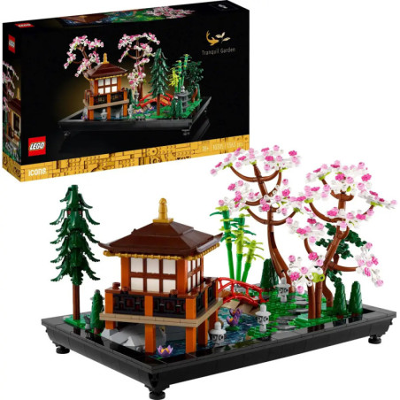 LEGO Tranquil Garden Set mit japanischem Pavillon, Teich, Brücke und Kirschblütenbäumen.