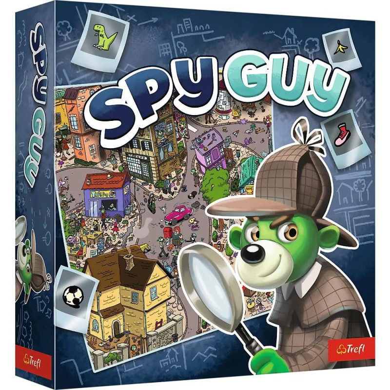 Spieleschachtel von Spy Guy mit grünem Bär als Detektiv, Lupe in der Hand, vor einer belebten Stadtkulisse. Spieleschachtel von Spy Guy mit grünem Bär als Detektiv, Lupe in der Hand, vor einer belebten Stadtkulisse.