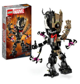 LEGO Marvel Venomized Groot Figur mit Verpackung, zeigt Groot in Schwarz-Braun mit Venom-Merkmalen.