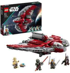 LEGO Star Wars Set mit rotem Raumschiff, vier Minifiguren und Verpackung im Hintergrund.
