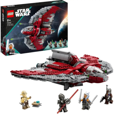 LEGO Star Wars Set mit rotem Raumschiff, vier Minifiguren und Verpackung im Hintergrund.