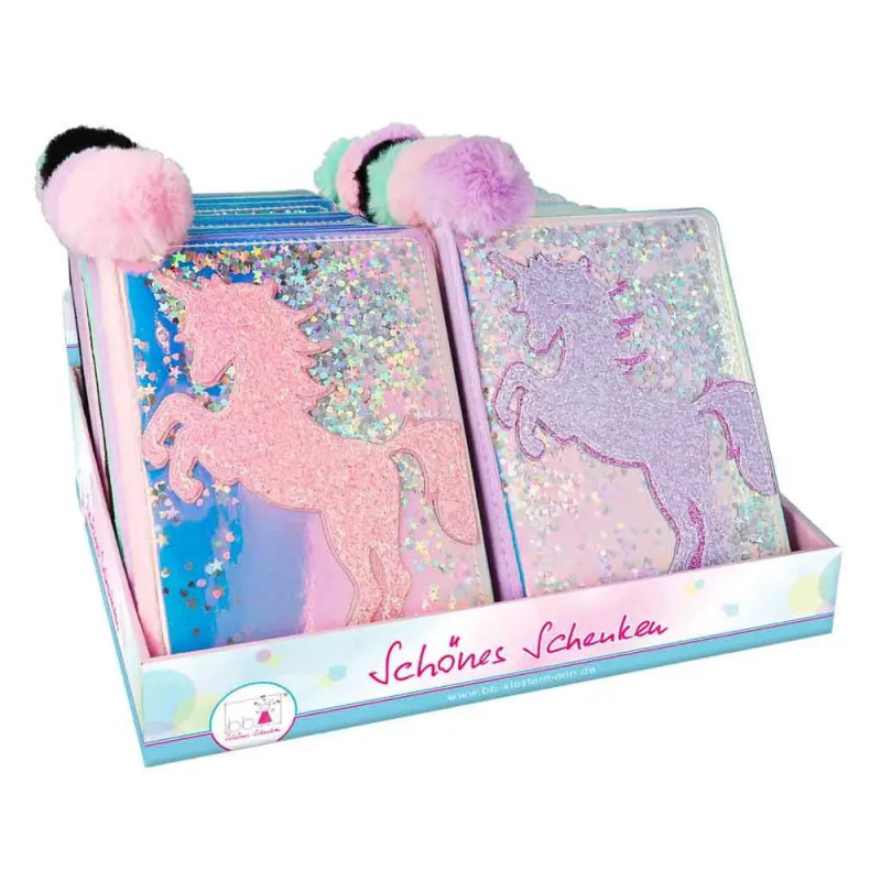 Glitzernde Einhorn-Notizbücher und Pompon-Stifte in bunter Box mit der Aufschrift Schönes Schenken.
