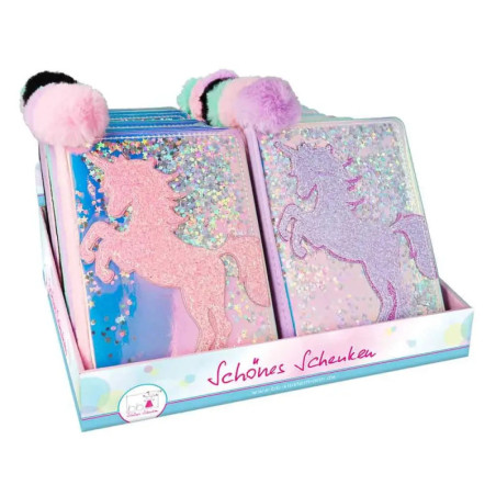 Glitzernde Einhorn-Notizbücher und Pompon-Stifte in bunter Box mit der Aufschrift Schönes Schenken.