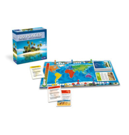 Das Brettspiel 100 Places mit Weltkarten-Spielbrett, Karten und farbigen Spielfiguren.