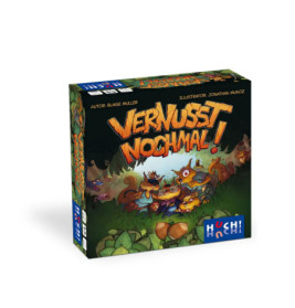 Spielschachtel Vernusst Nochmal! mit animierten Waldtieren und Nüssen in einer Waldlandschaft.