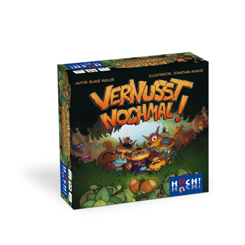 Spielschachtel Vernusst Nochmal! mit animierten Waldtieren und Nüssen in einer Waldlandschaft.